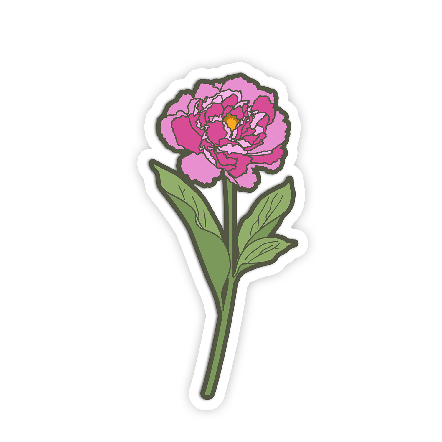 Sticker of a pink flower with green leaves on a white background