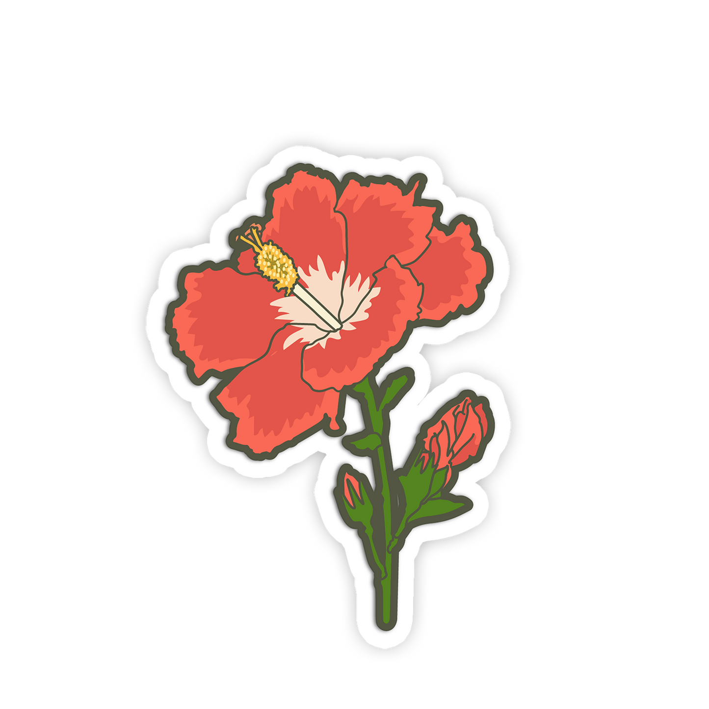Sticker of a red flower with green stem on a white background