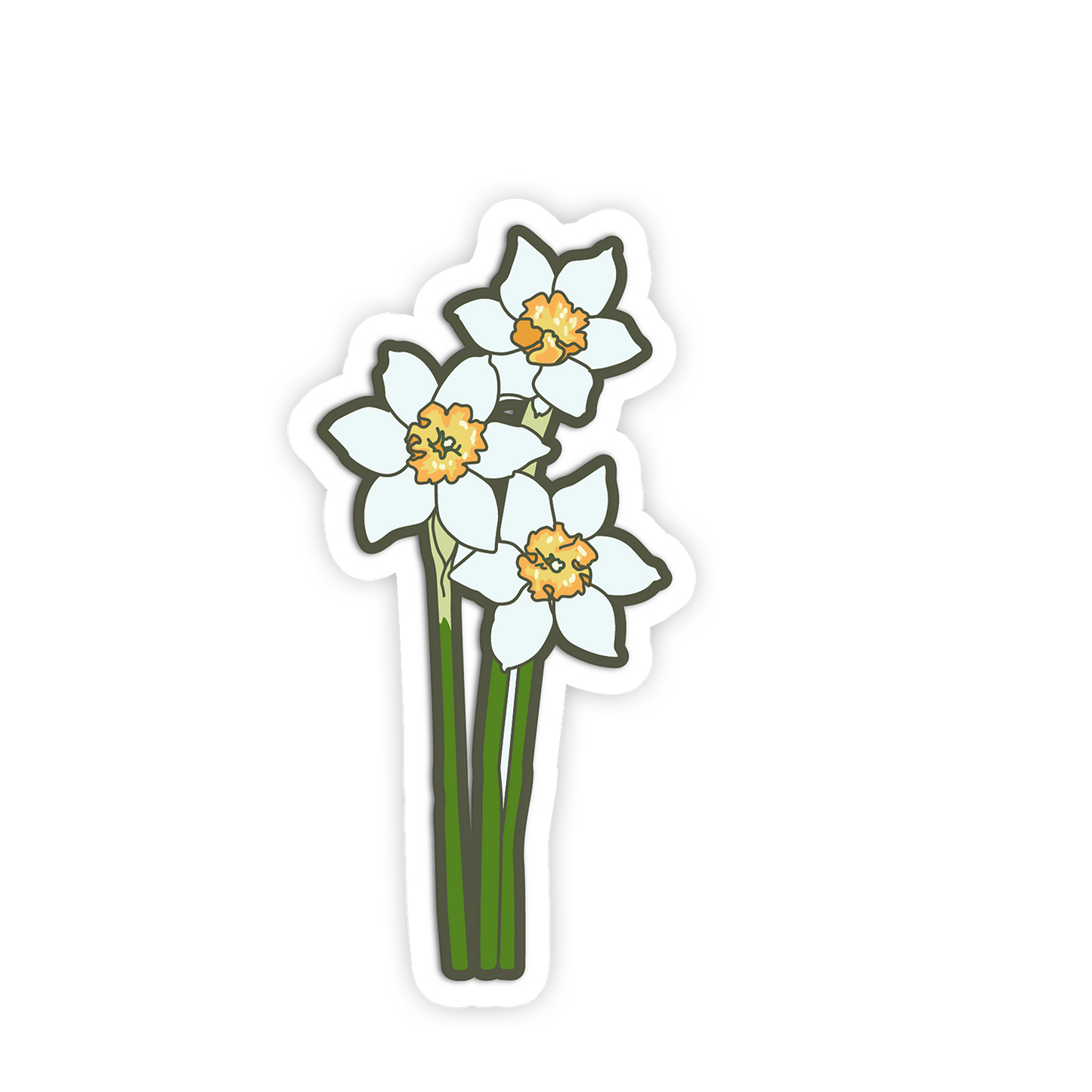 Illustration of three white flowers with yellow centers on a white background