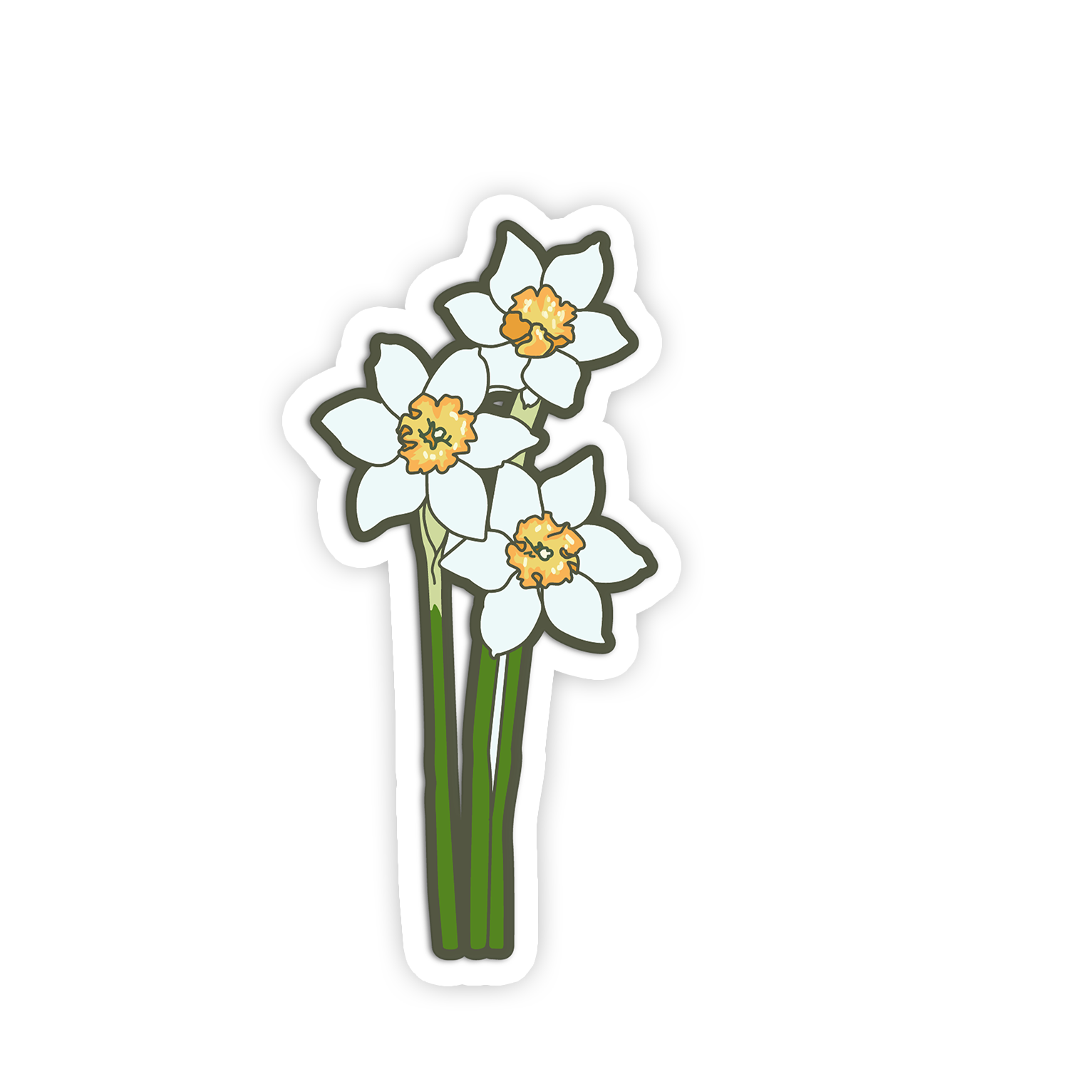 Illustration of three white flowers with yellow centers on a white background