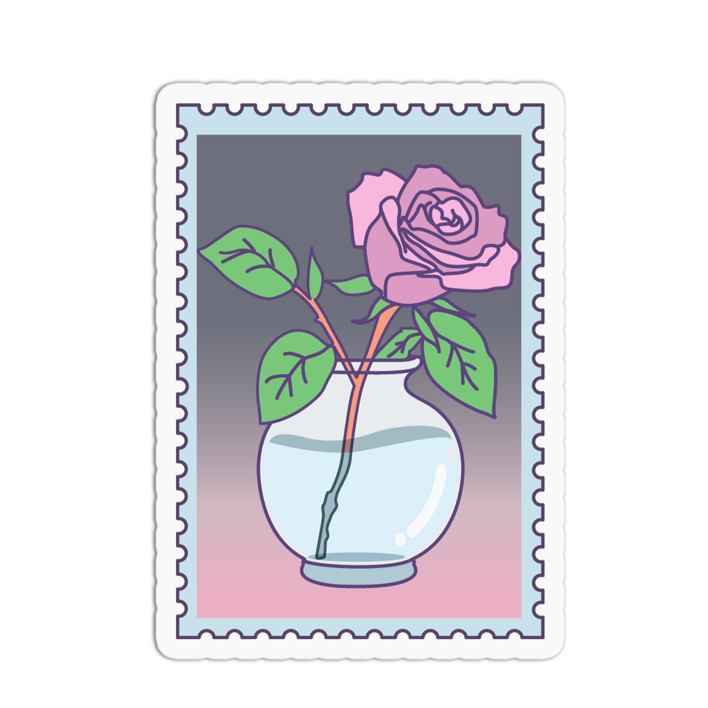 Stylized illustration of a pink rose in a clear vase on a postage stamp border.