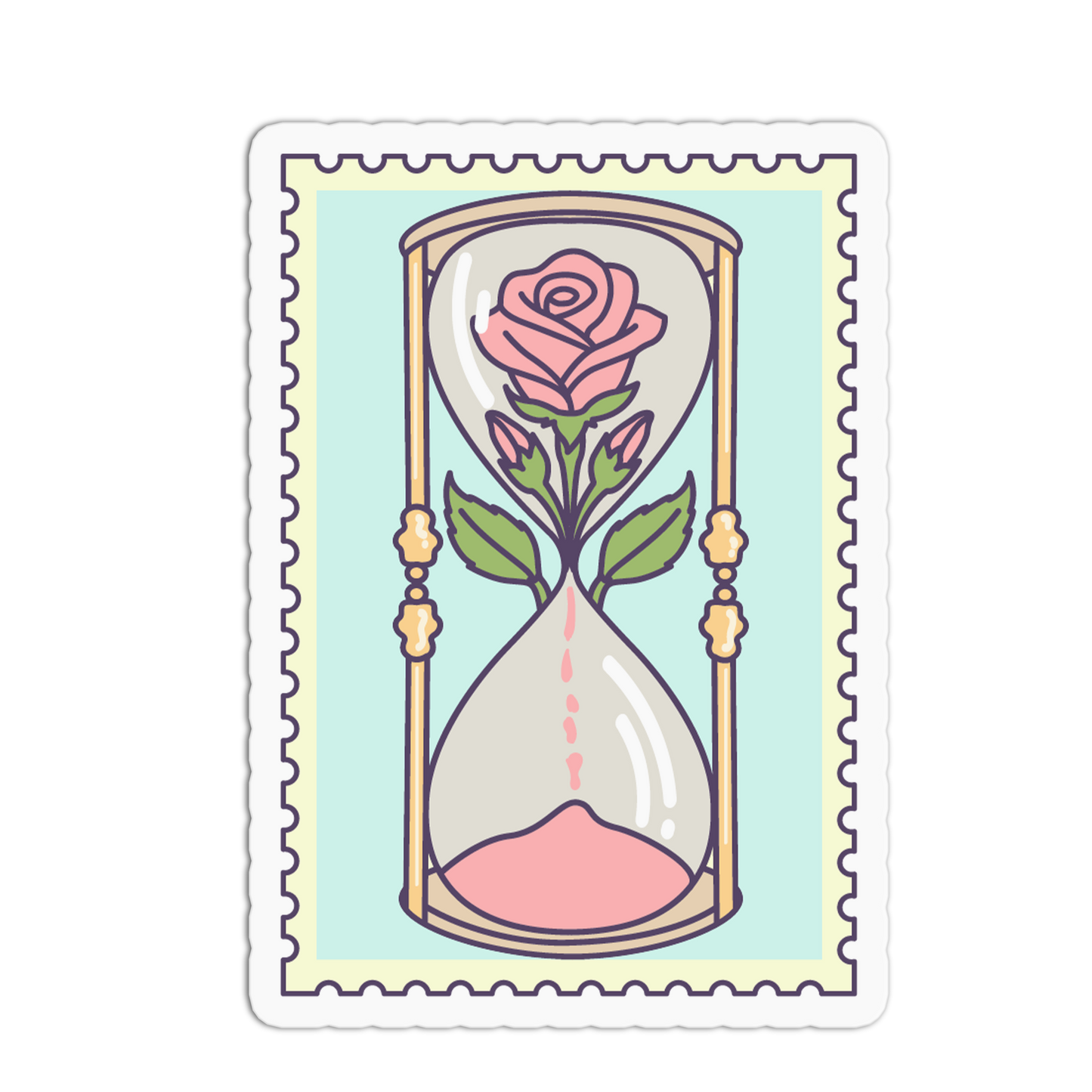 Stylized illustration of an hourglass with a pink rose inside on a light blue background.
