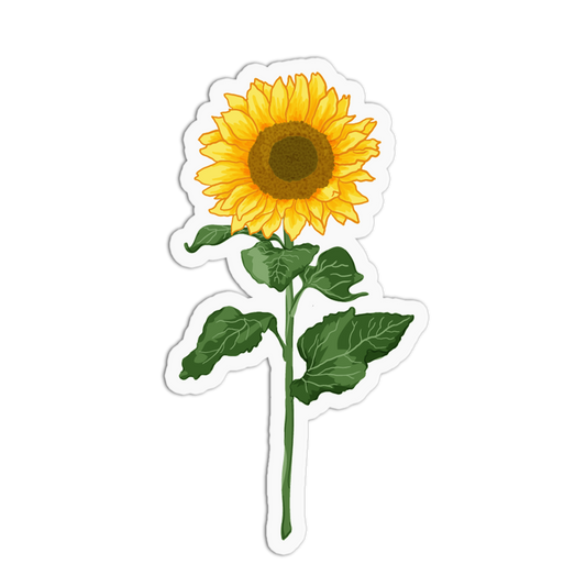 A sticker of a bright yellow sunflower with a brown center disk and broad green leaves along its stem, set against a white background with a die-cut border.