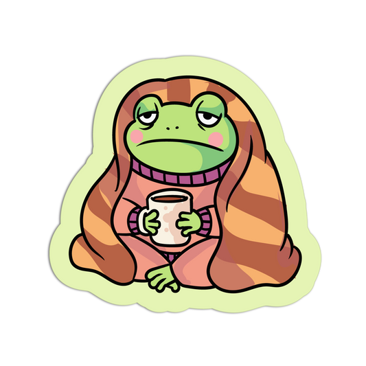 Cartoon frog in a sweater holding a mug on a white background