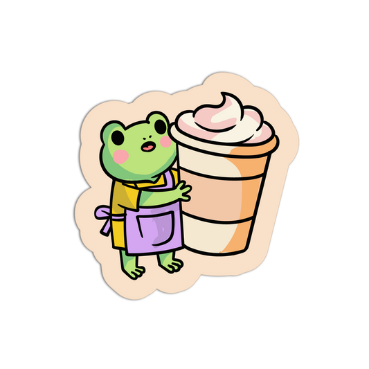 Cartoon frog character holding an ice cream cone on a white background