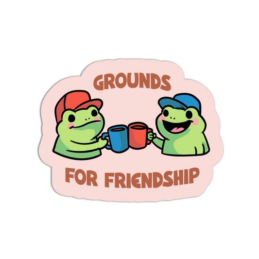 Sticker with cartoon frogs holding cups and 'Grounds for Friendship' text on a pink background