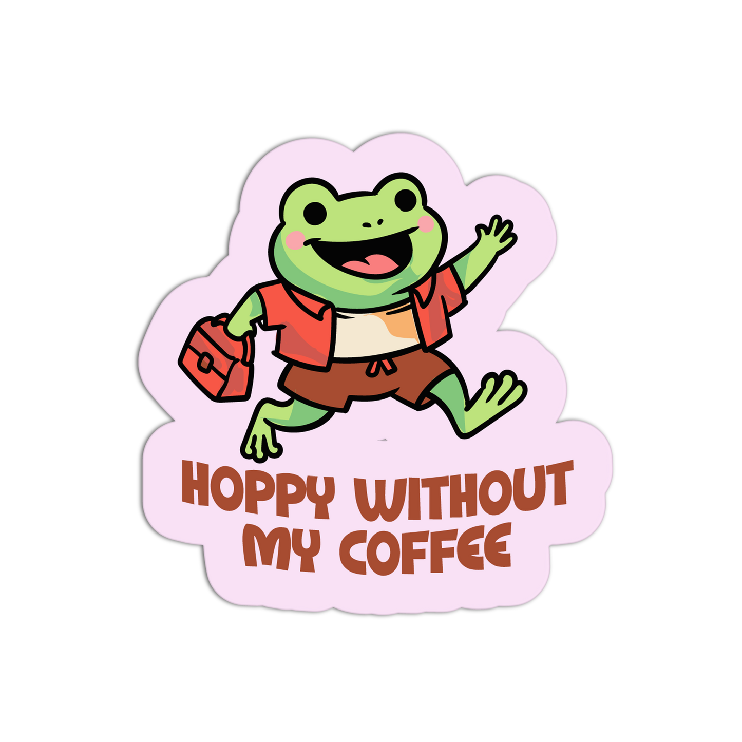 Cartoon frog with a coffee bag and text 'Hoppy without my coffee' on a pink cloud background