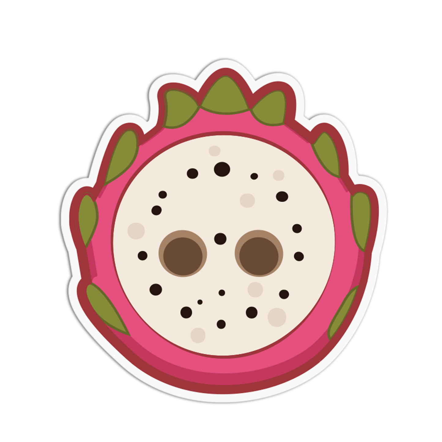 Illustration of a dragon fruit with pink skin and green leaves on a white background