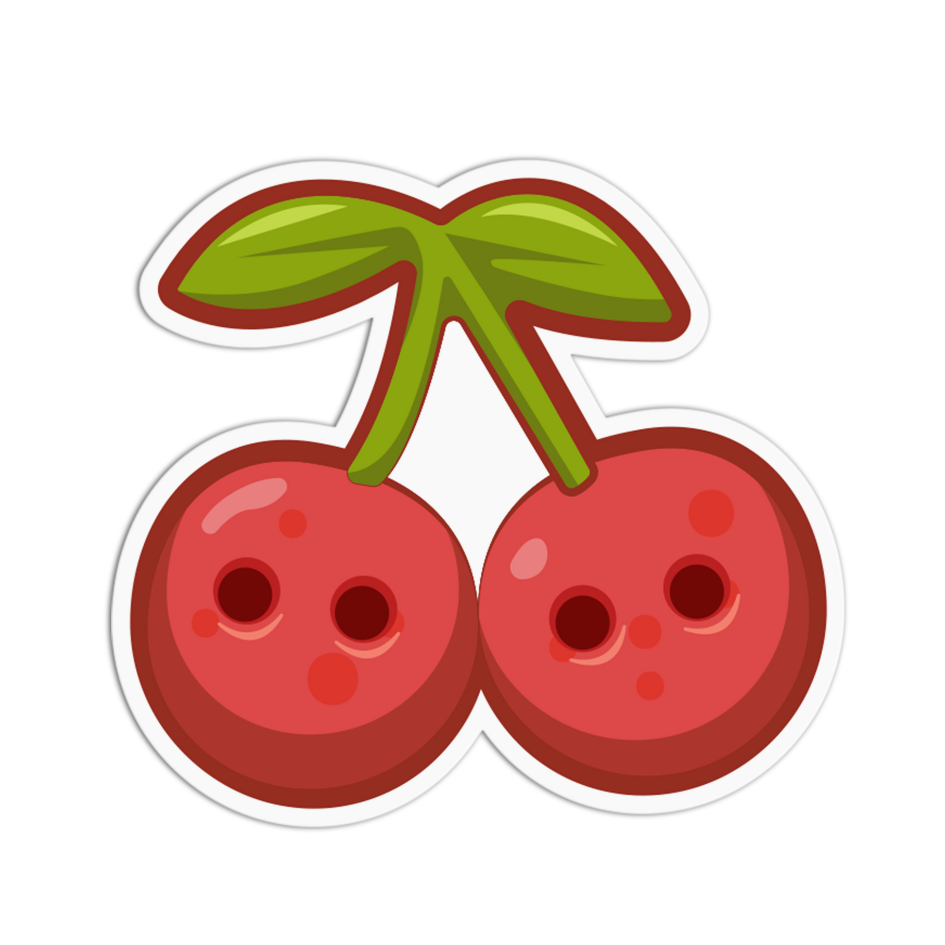 Cartoon-style cherries with a green stem on a transparent background