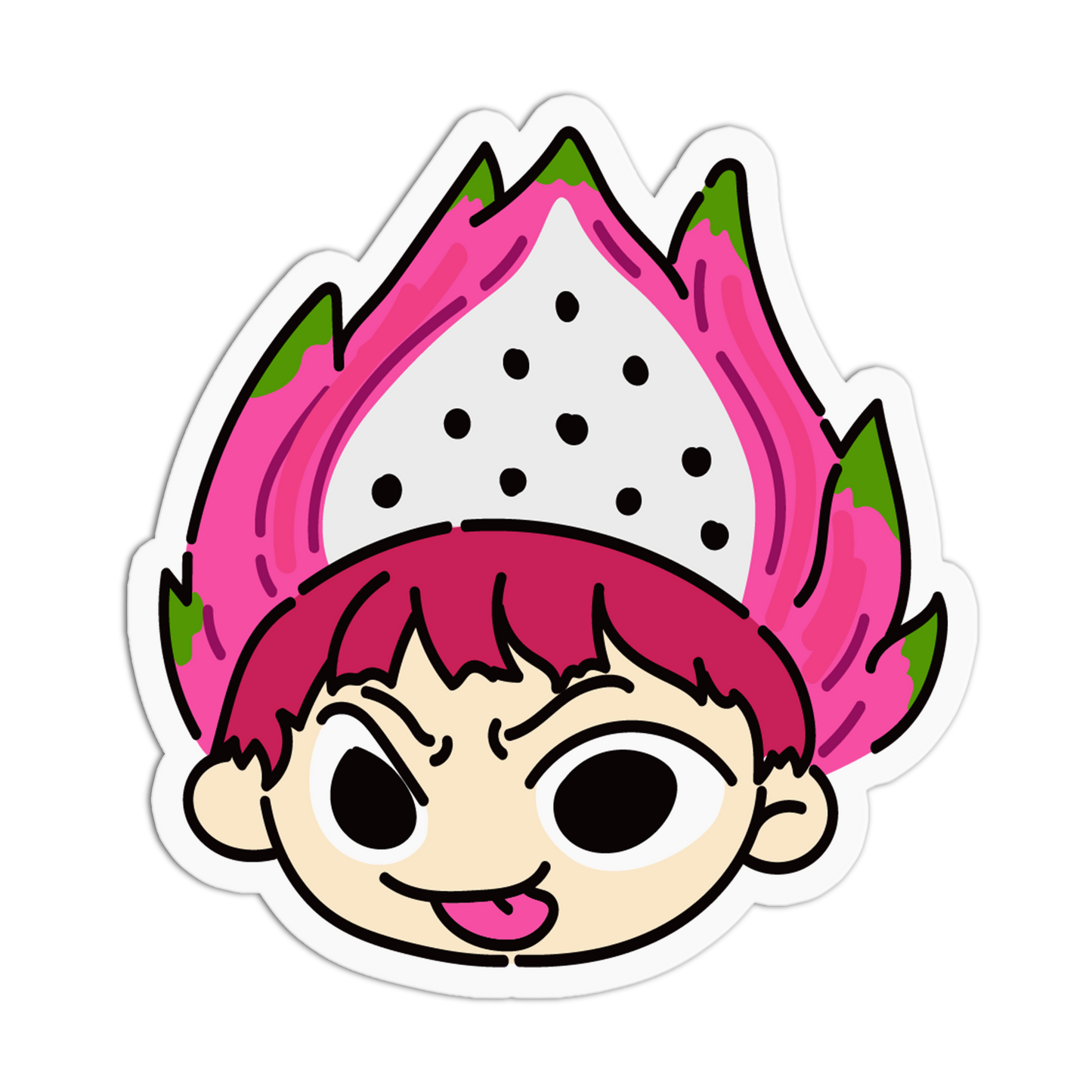 A die-cut cartoon sticker featuring a stylized character with a pink dragon fruit head and magenta hair, shown on a plain white background.
