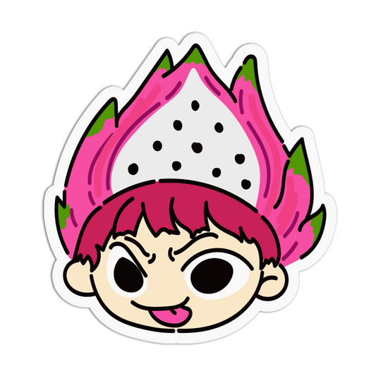 A die-cut cartoon sticker featuring a stylized character with a pink dragon fruit head and magenta hair, shown on a plain white background.