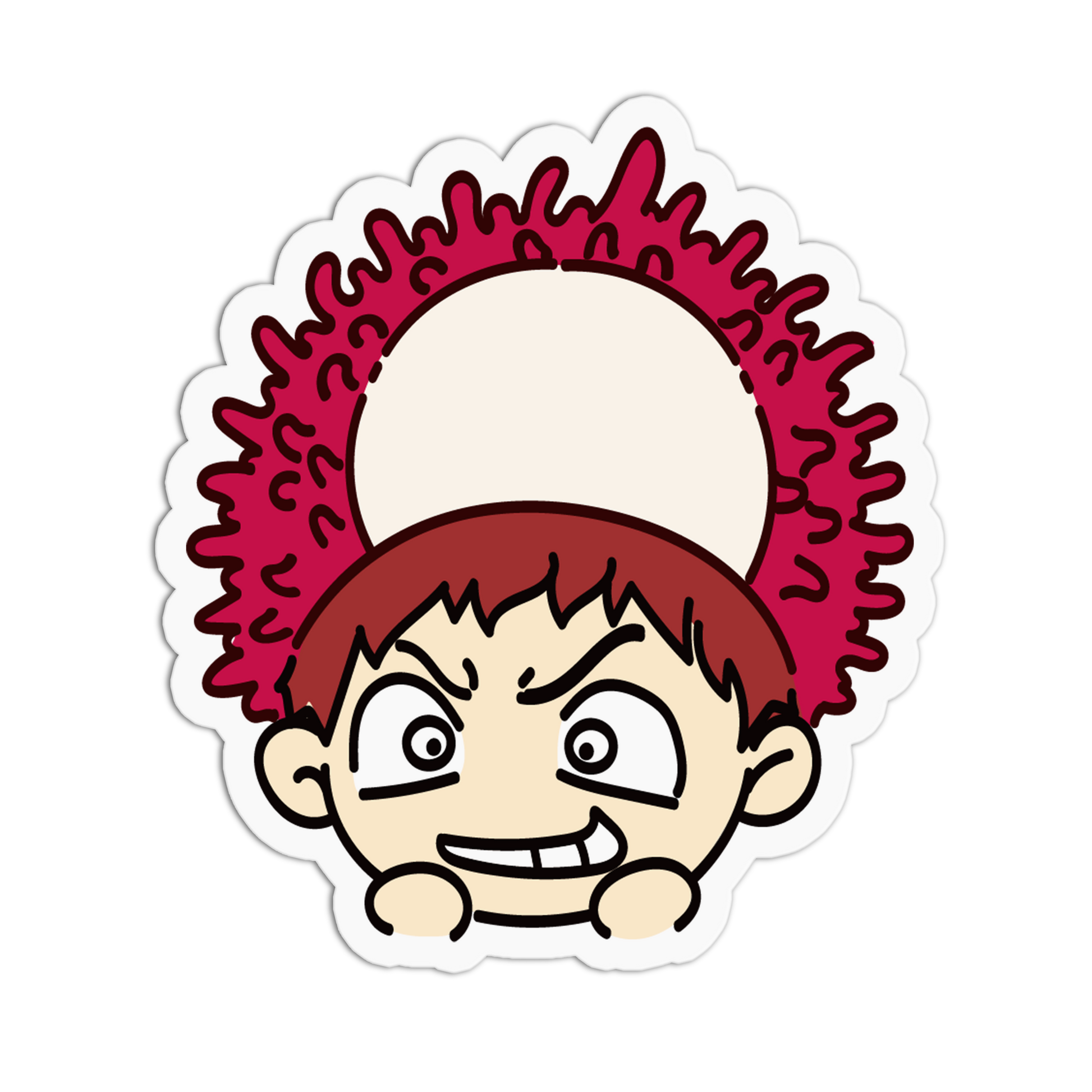 A die-cut sticker featuring a chibi-style cartoon character with an angry expression, beige skin, brown hair, and a large red spiky hat or headpiece on a plain white background.