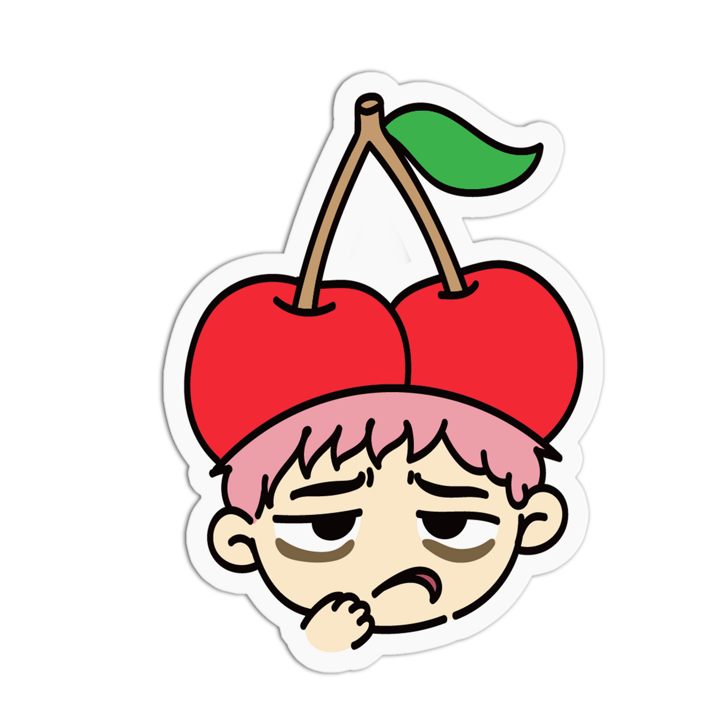 A die-cut cartoon sticker featuring a chibi-style face with pink hair and a large red cherry on top, shown on a plain white background.