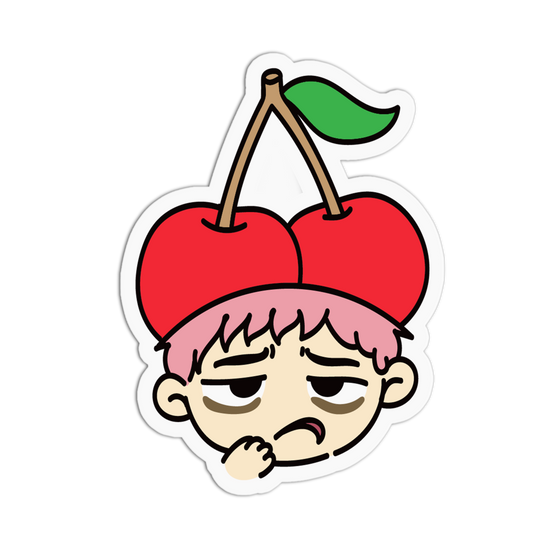 A die-cut cartoon sticker featuring a chibi-style face with pink hair and a large red cherry on top, shown on a plain white background.