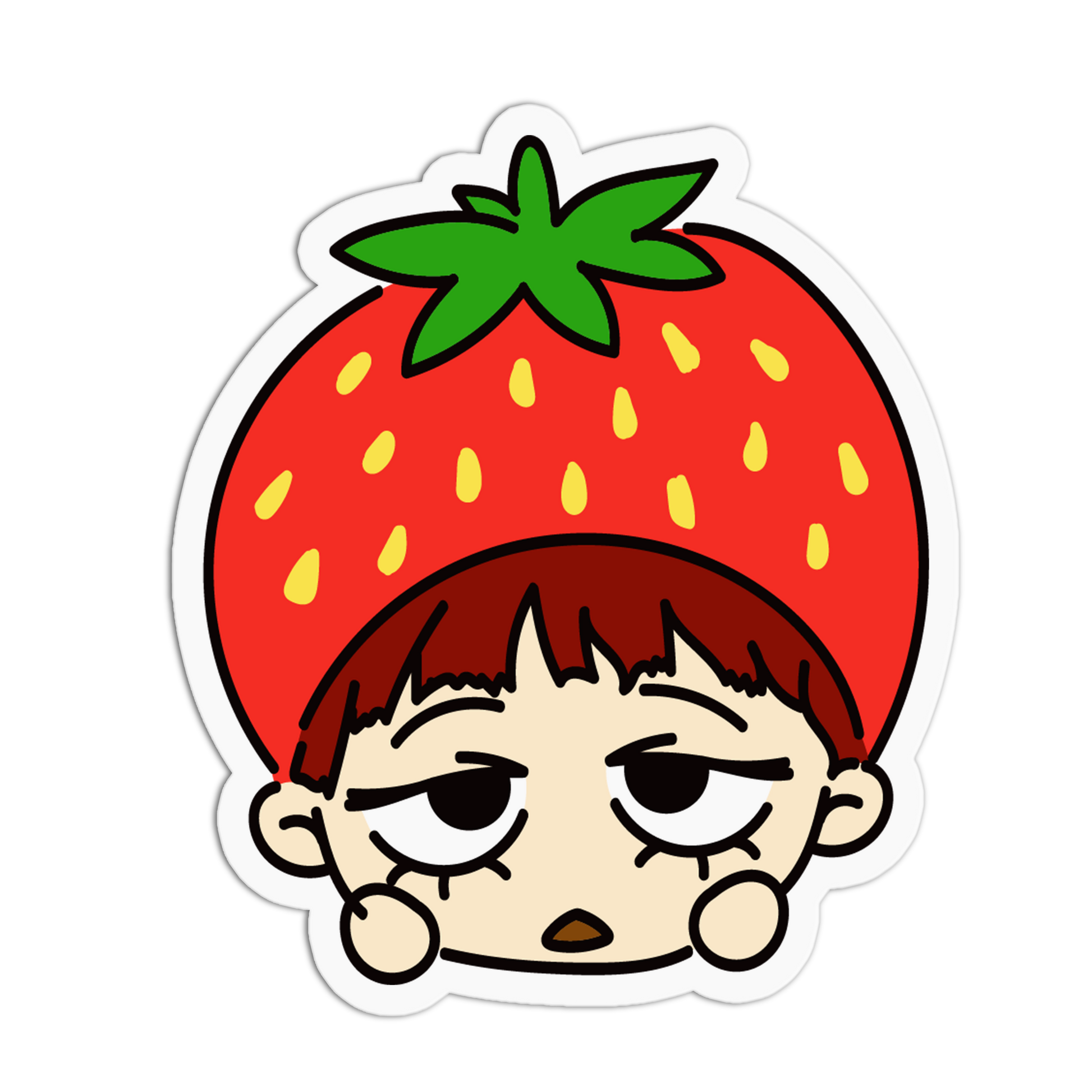 A die-cut cartoon sticker featuring a character with a large red strawberry hat and brown hair, shown on a plain white background.