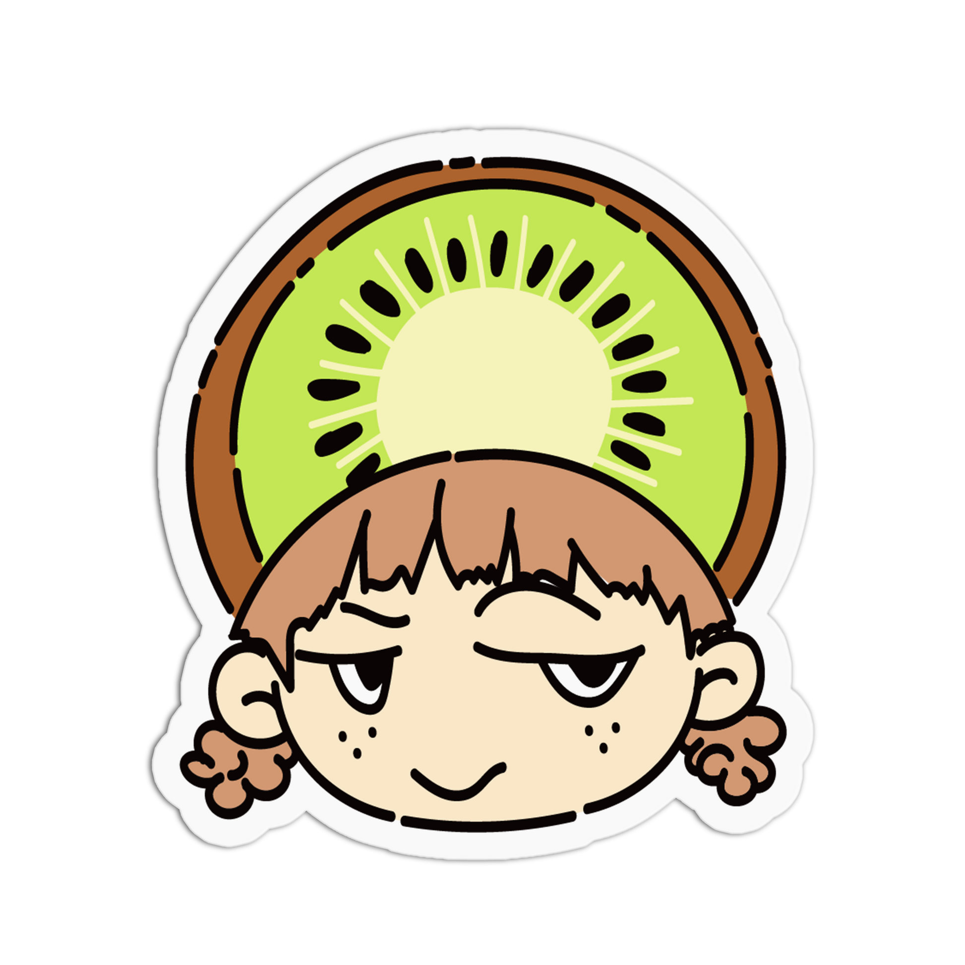 A cartoon die-cut sticker featuring a child's face with brown hair and freckles, wearing a kiwi slice on their head, shown on a plain white background.