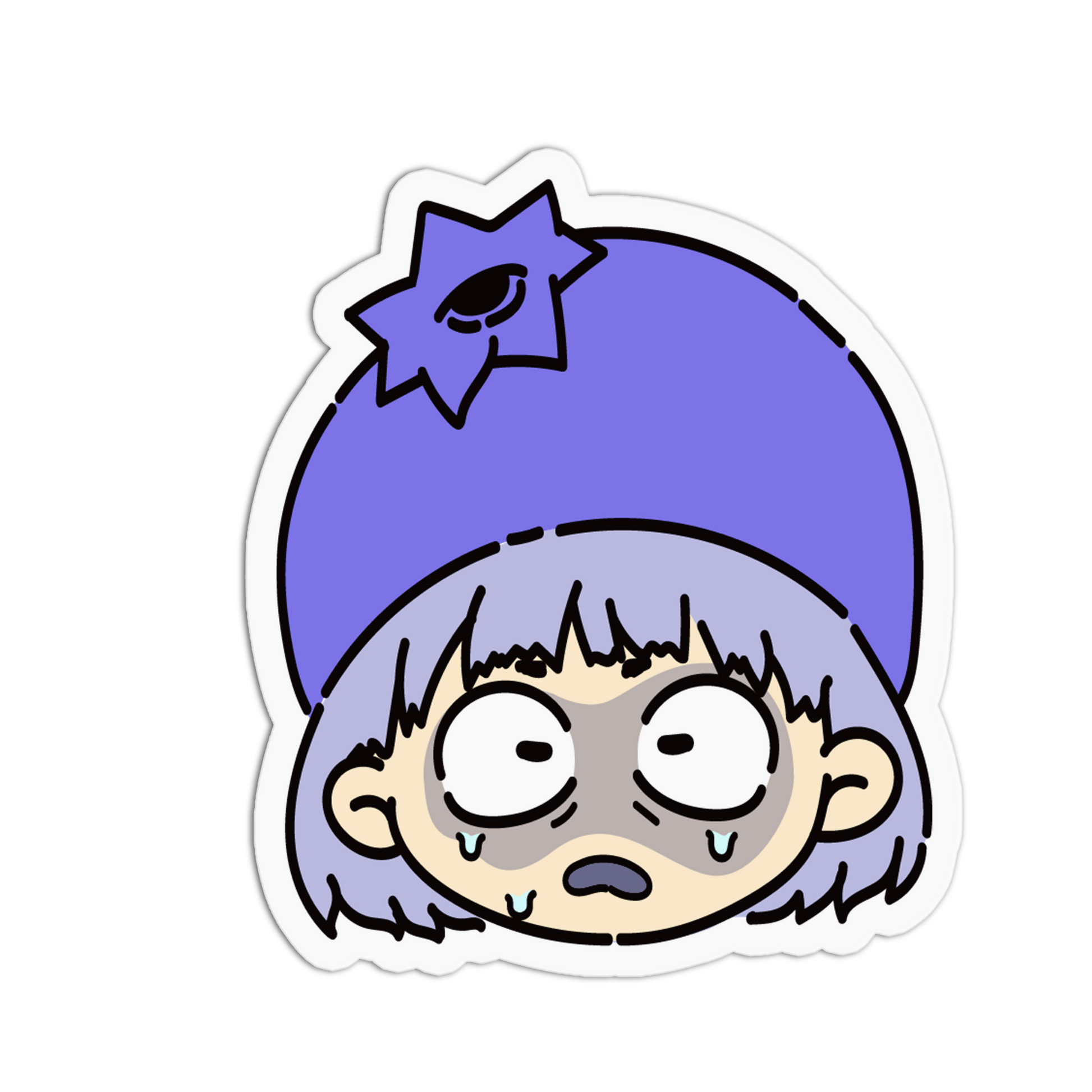 A cartoon die-cut sticker featuring a distressed, crying character with light purple hair and a matching purple beanie adorned with a star-shaped patch, shown on a plain white background.