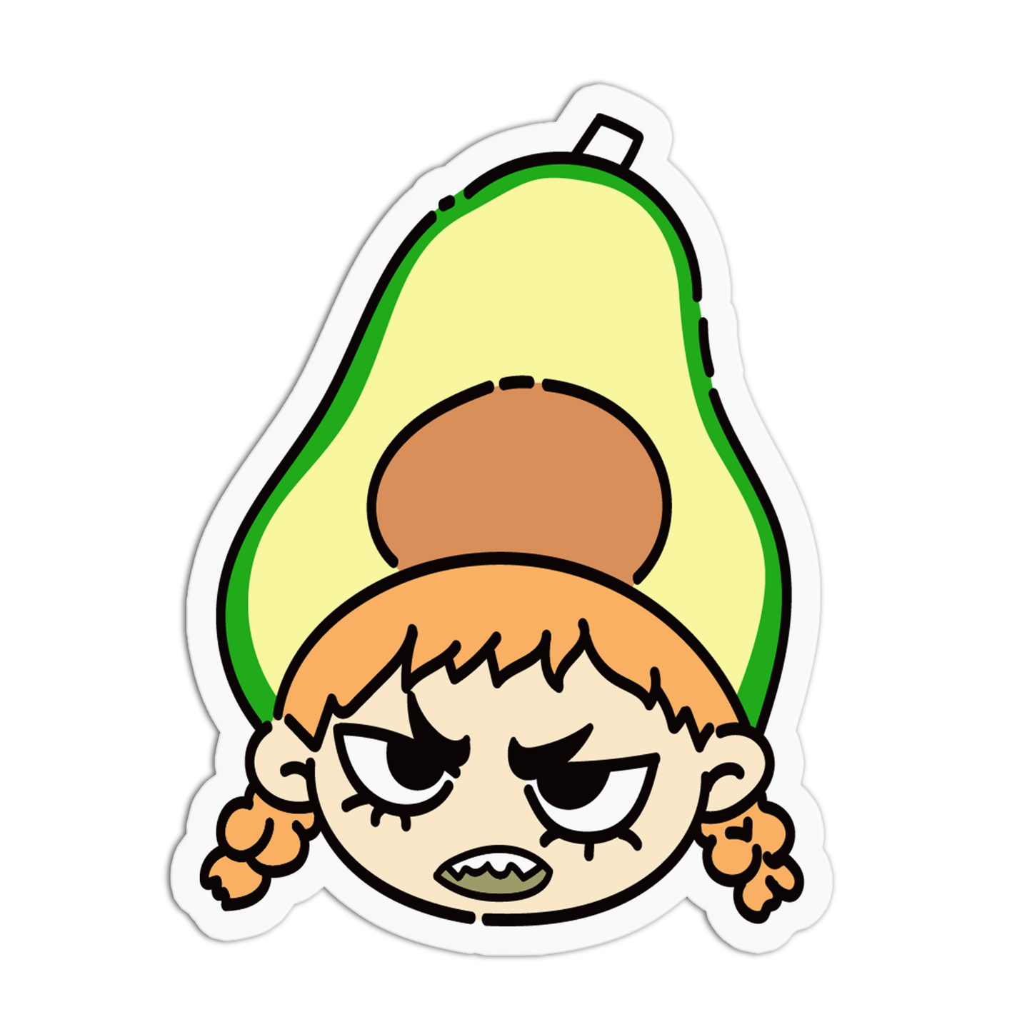 A die-cut sticker featuring a cartoon girl with an avocado on her head, shown on a plain white background.