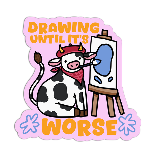 Cartoon cow painting with text 'Drawing until it's worse' on a pink background