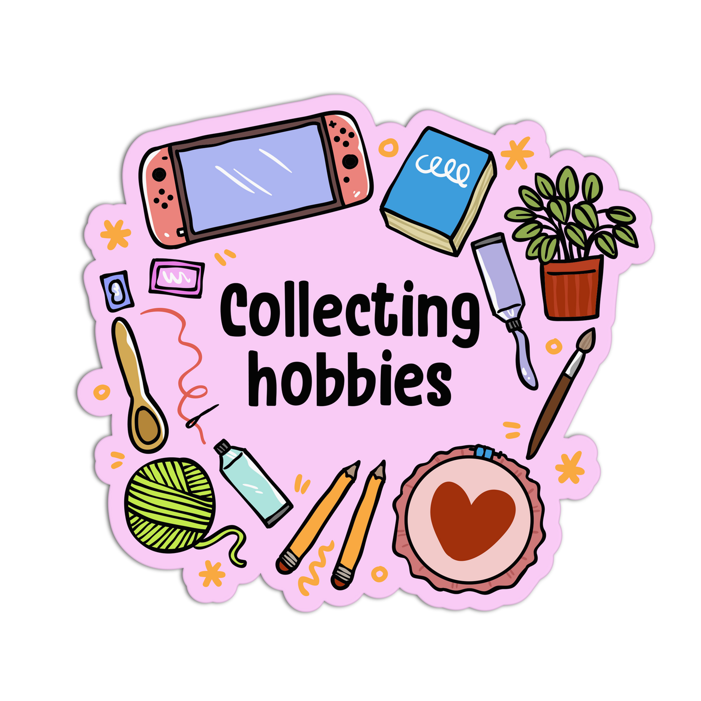 Sticker with various hobbies icons and 'Collecting hobbies' text on a pink background