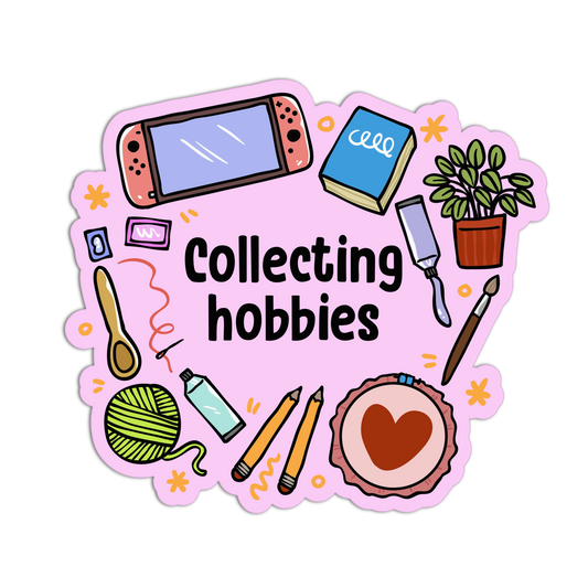 Sticker with various hobbies icons and 'Collecting hobbies' text on a pink background