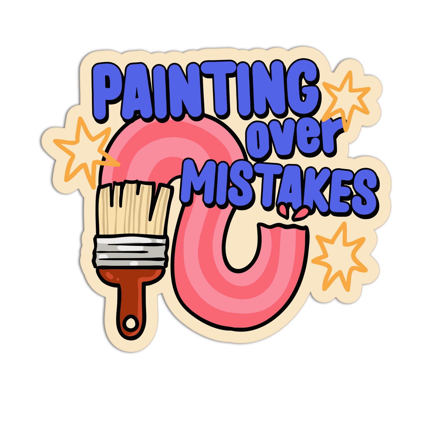 Sticker with 'Painting Over Mistakes' text, paintbrush, and rainbow on a white background