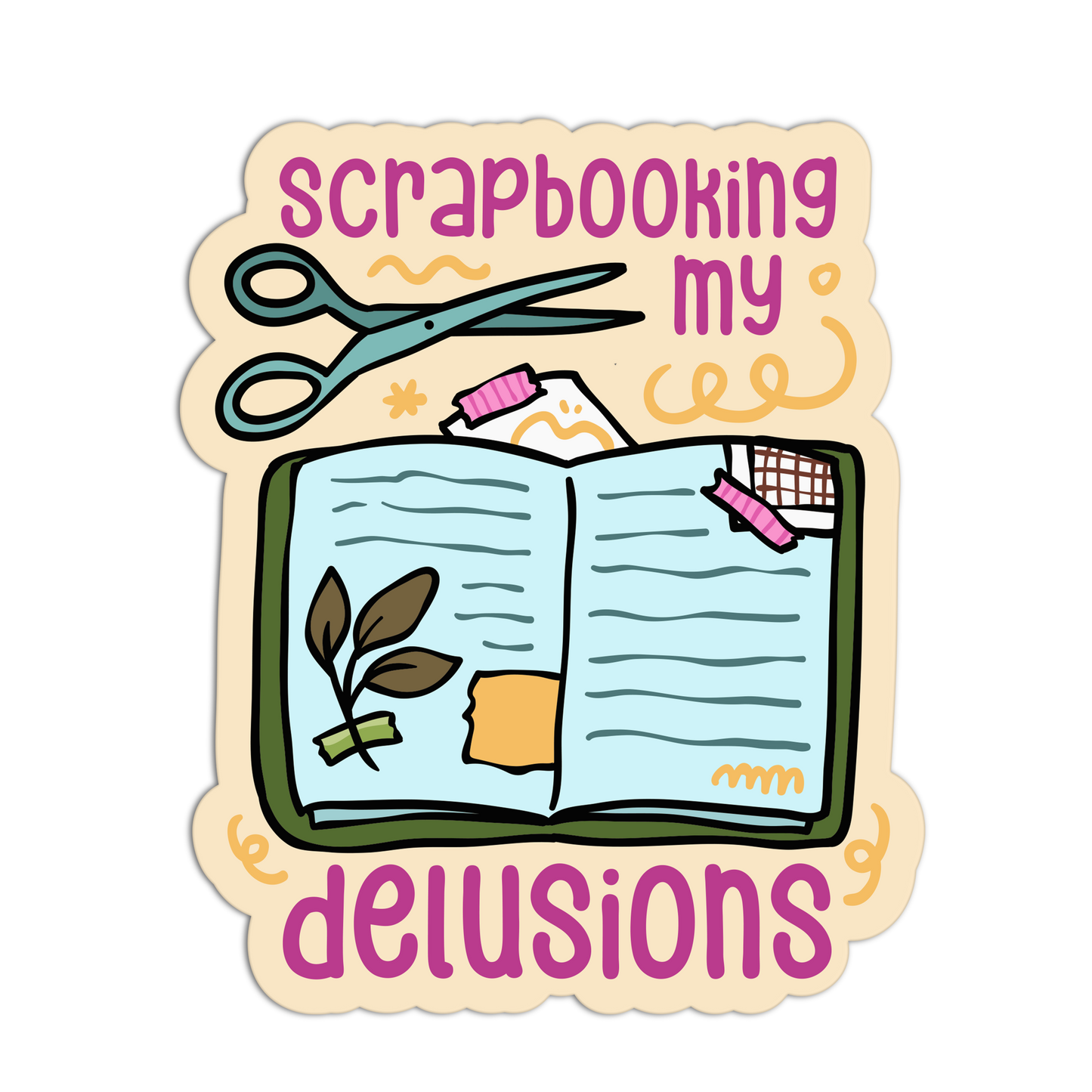 Sticker with scrapbooking elements and text 'Scrapbooking my delusions' on a white background