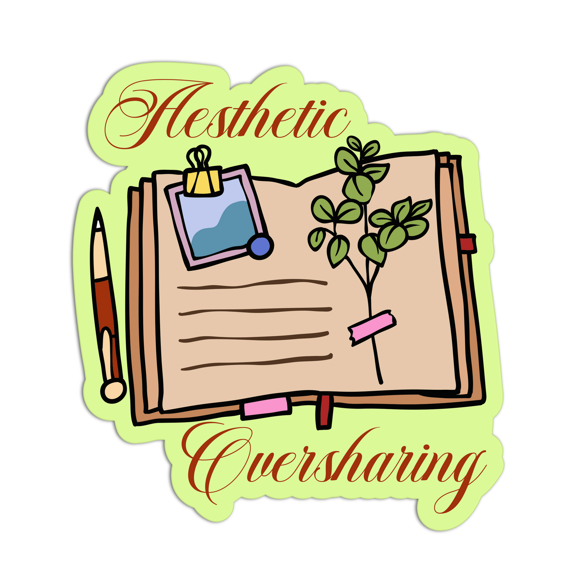 Illustration of an open book with stationery items on a green background, featuring the text 'Aesthetic Oversharing'.