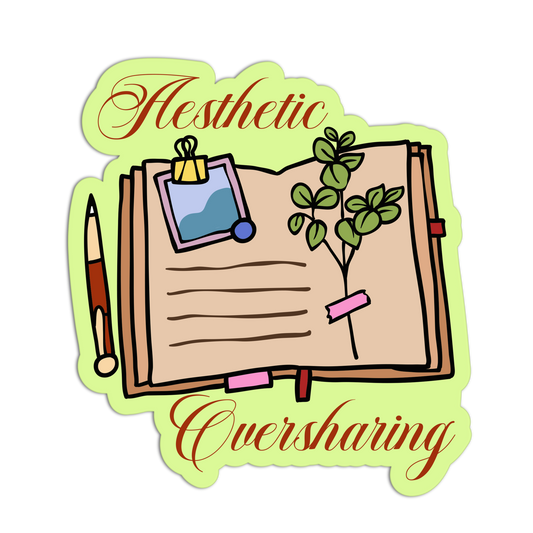 Illustration of an open book with stationery items on a green background, featuring the text 'Aesthetic Oversharing'.