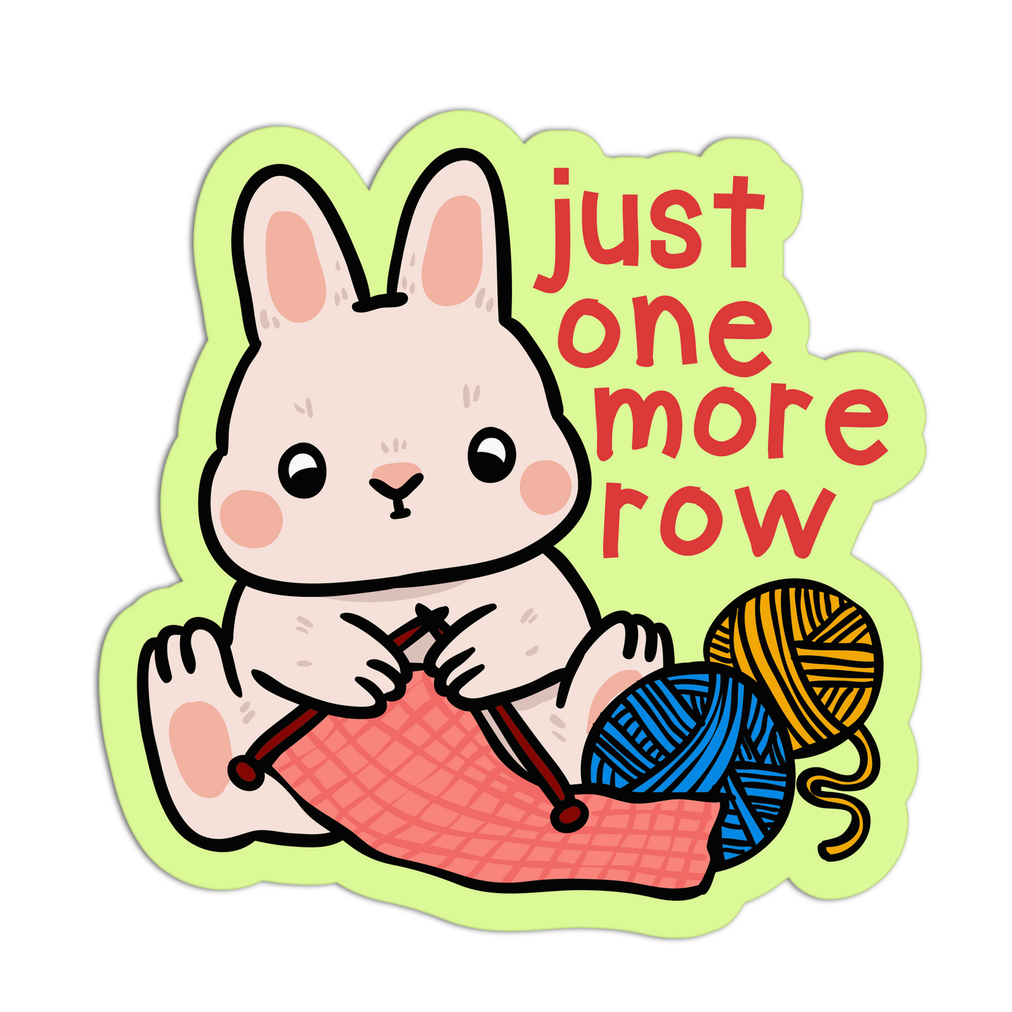 Cartoon bunny knitting with text 'just one more row' on a green border