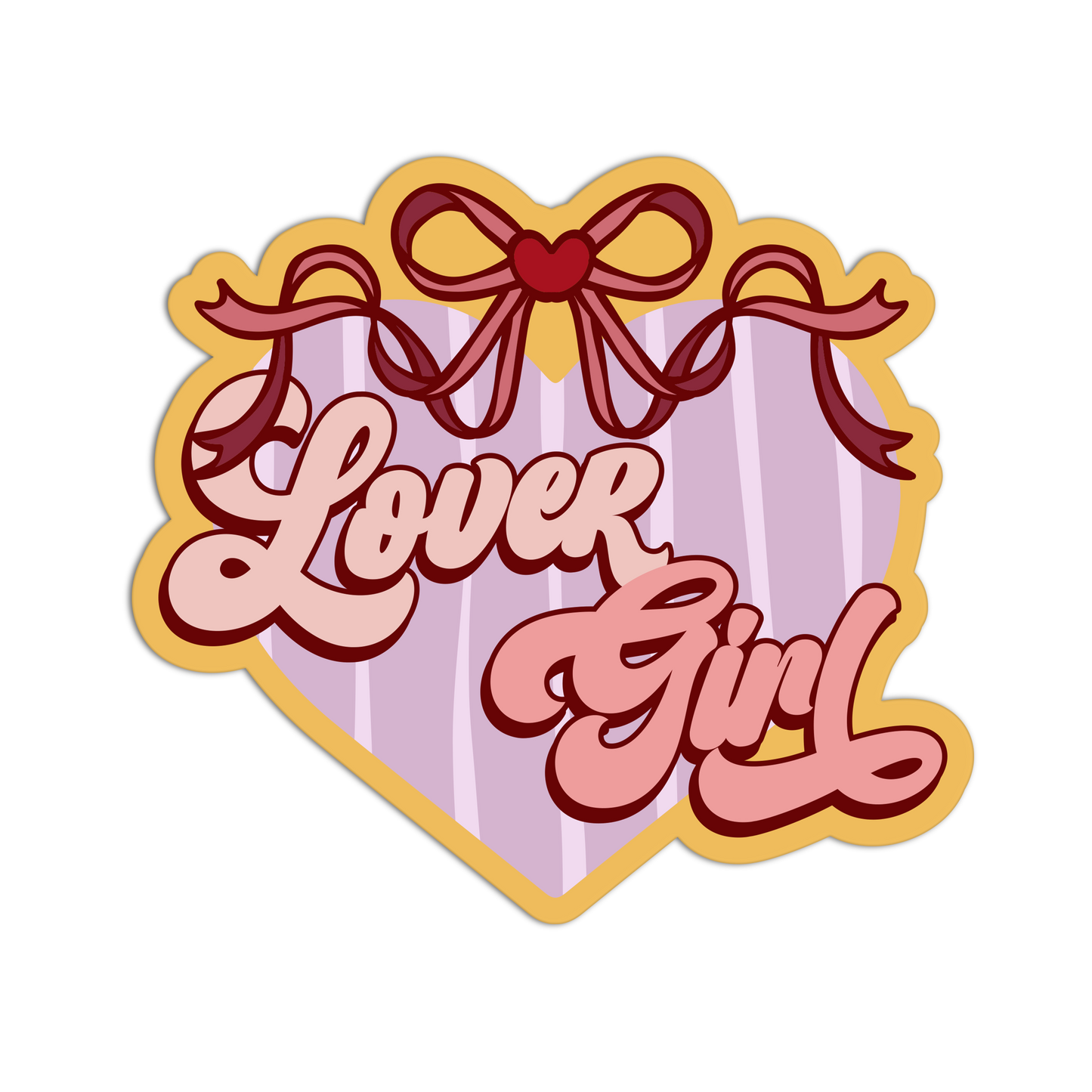 Heart-shaped sticker with 'Lover Girl' text and a bow on a white background