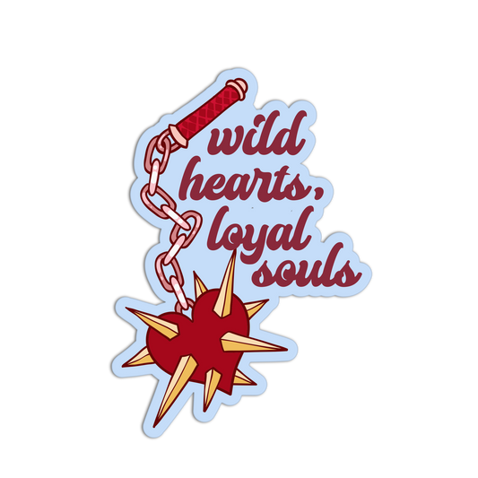 Sticker with a heart, chain, and sword design with 'wild hearts, loyal souls' text on a white background.
