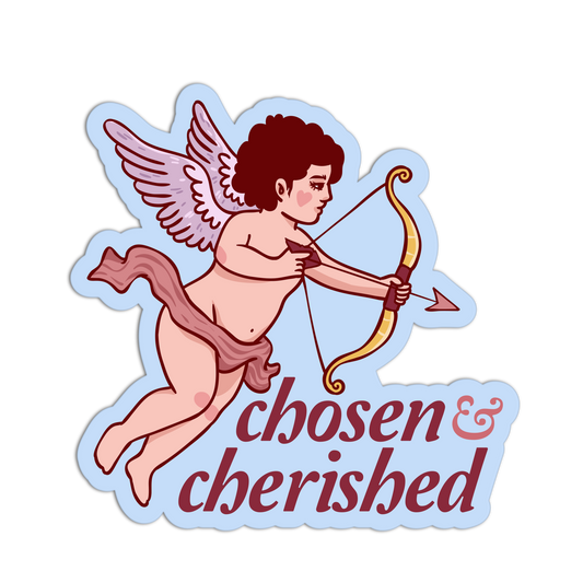 Cupid with bow and arrow and 'chosen & cherished' text on a light blue background