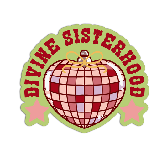 Sticker with a heart design and 'Divine Sisterhood' text on a white background
