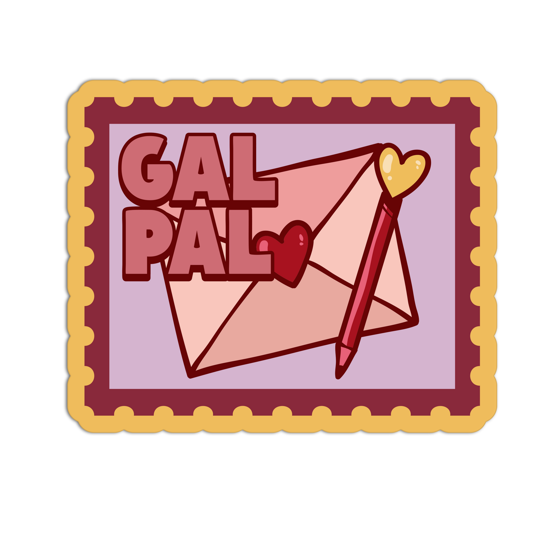 Illustration of a card with 'GAL PAL' text, envelope, and hearts on a white background