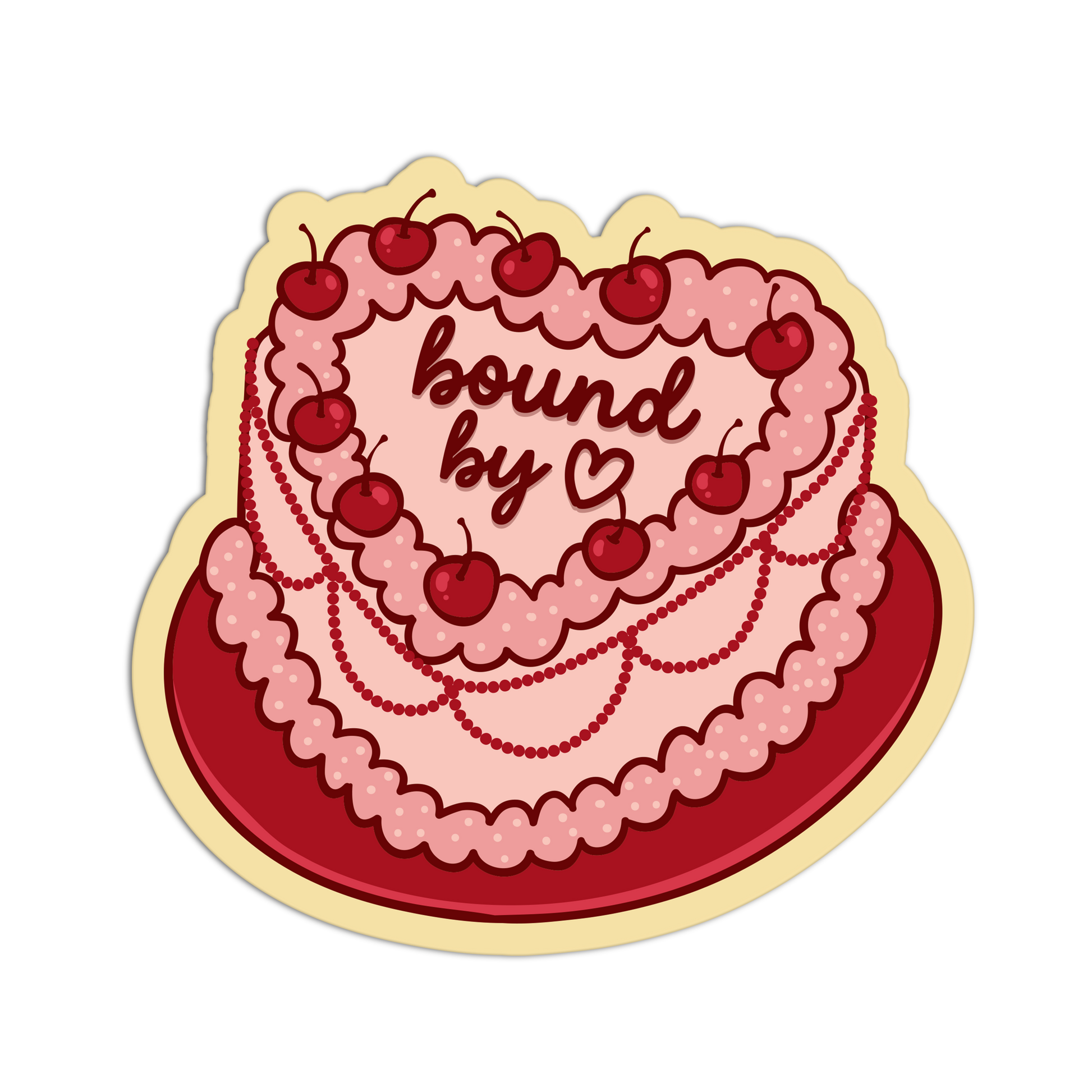 Heart-shaped cake with red cherries and 'bound by love' text on a white background