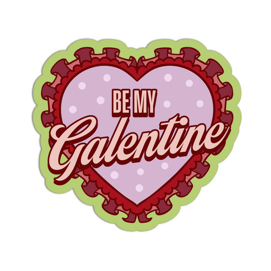 Heart-shaped Valentine's Day card with 'Be My Galentine' text on a white background