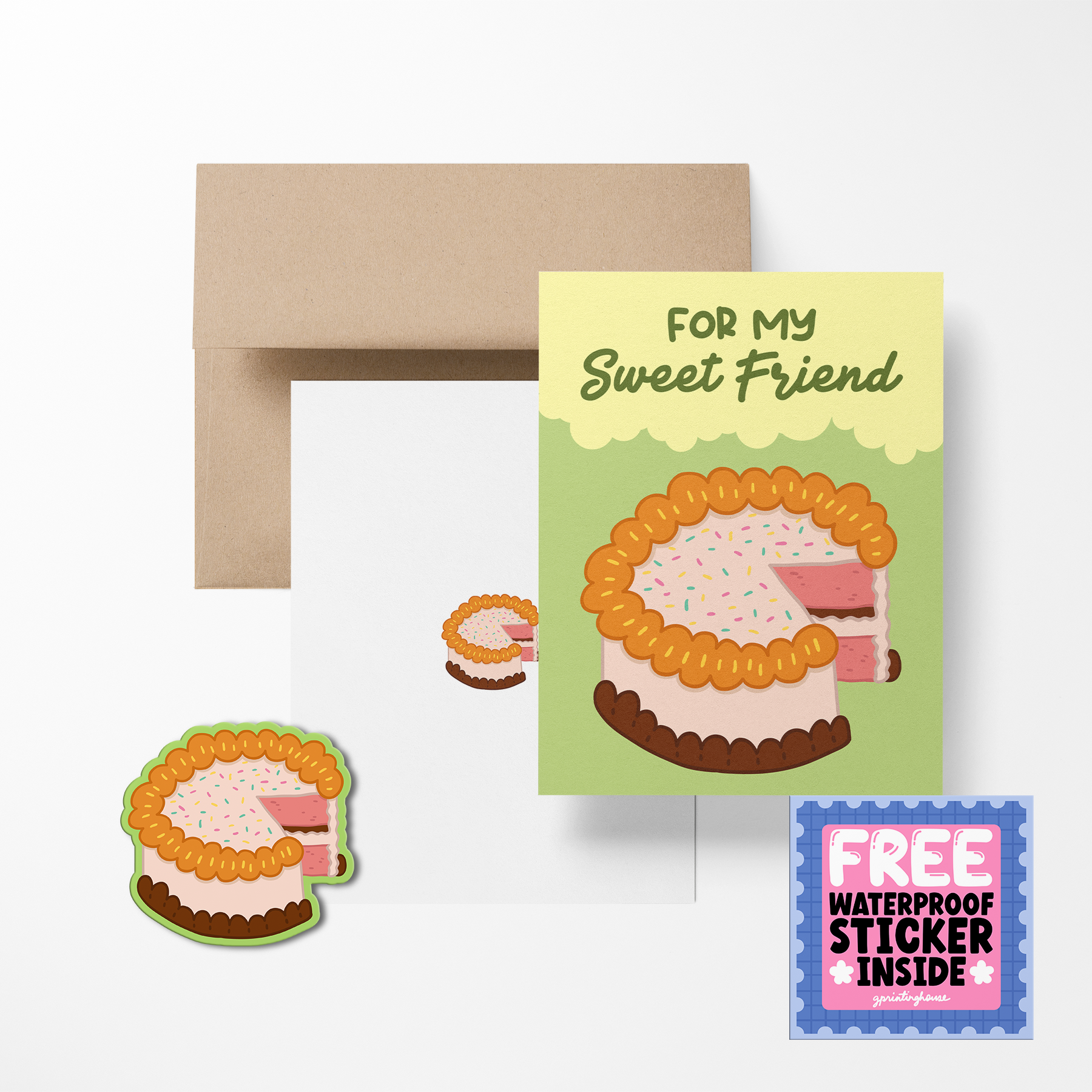 Greeting card with a cake illustration and a free sticker offer, featuring a brown envelope on a white background.