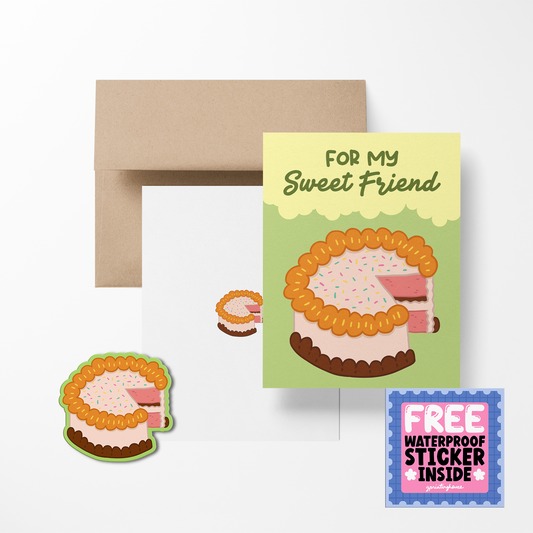 Greeting card with a cake illustration and a free sticker offer, featuring a brown envelope on a white background.