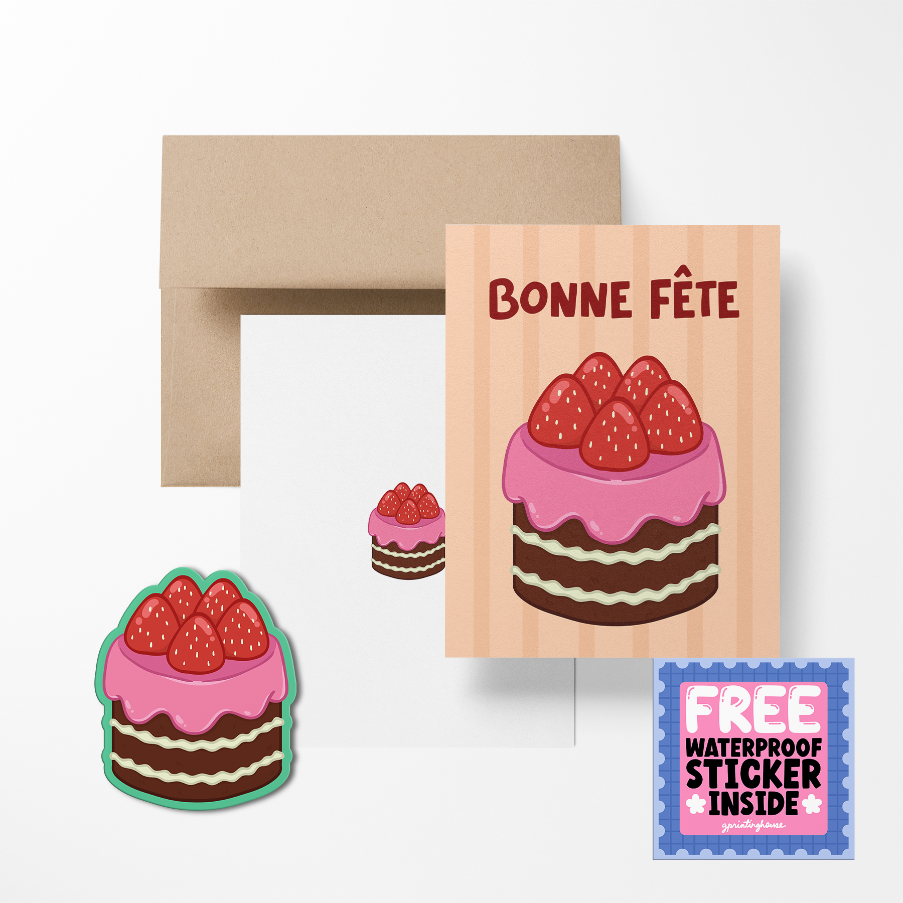Greeting card with cake illustration and free sticker offer on a white background
