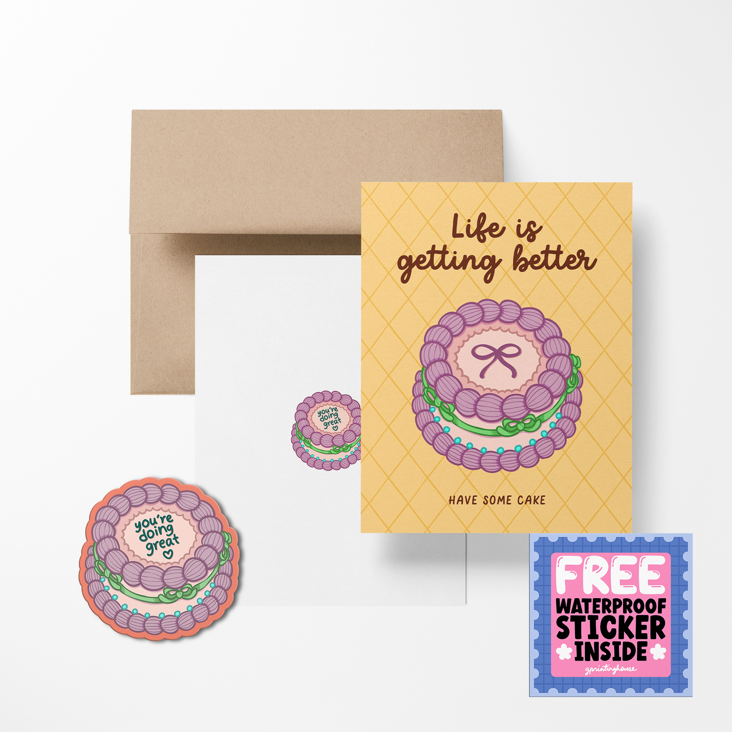 Greeting card with cake illustration and envelope on a white background
