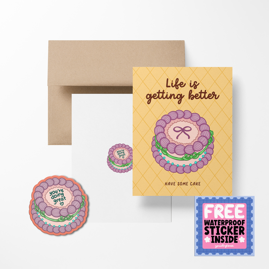 Greeting card with cake illustration and envelope on a white background
