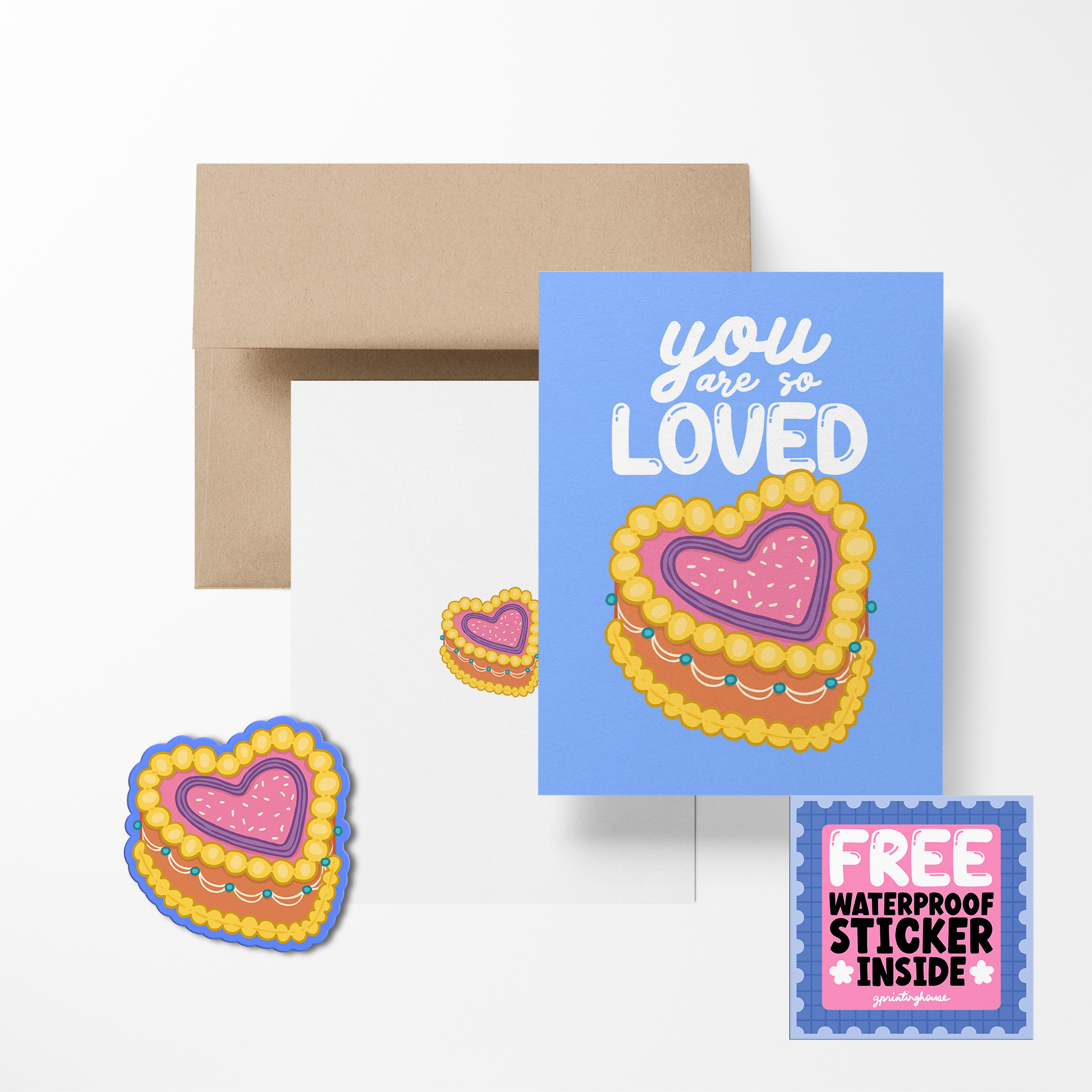 Greeting card with heart design and free sticker offer, featuring a brown envelope on a white background.