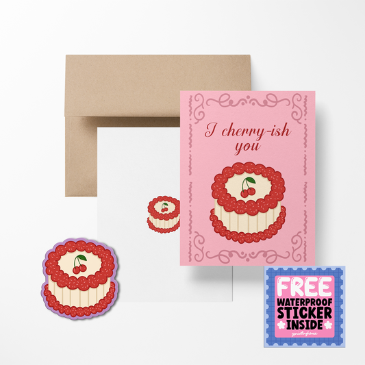 Card with cherry-themed design and envelope, featuring a free waterproof sticker.