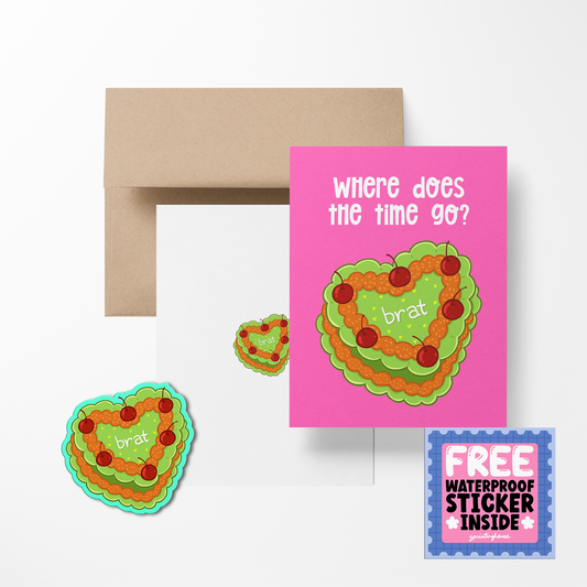 Greeting card with heart design and text, featuring a free sticker, on a white background.