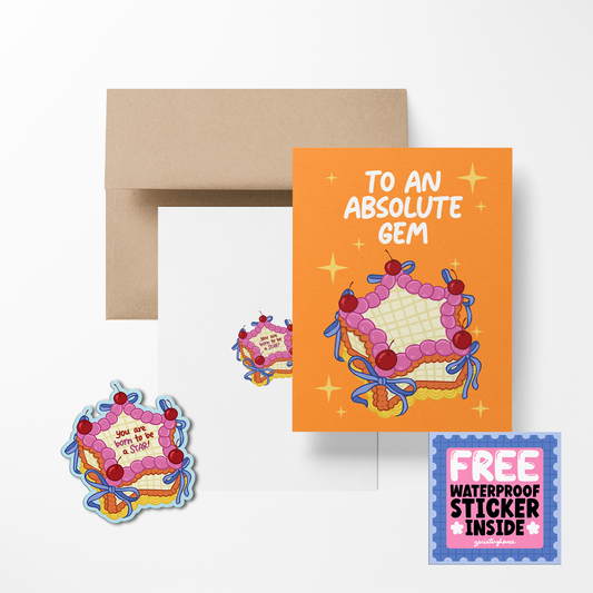 Greeting card with pie illustration and envelope, featuring a free sticker offer.