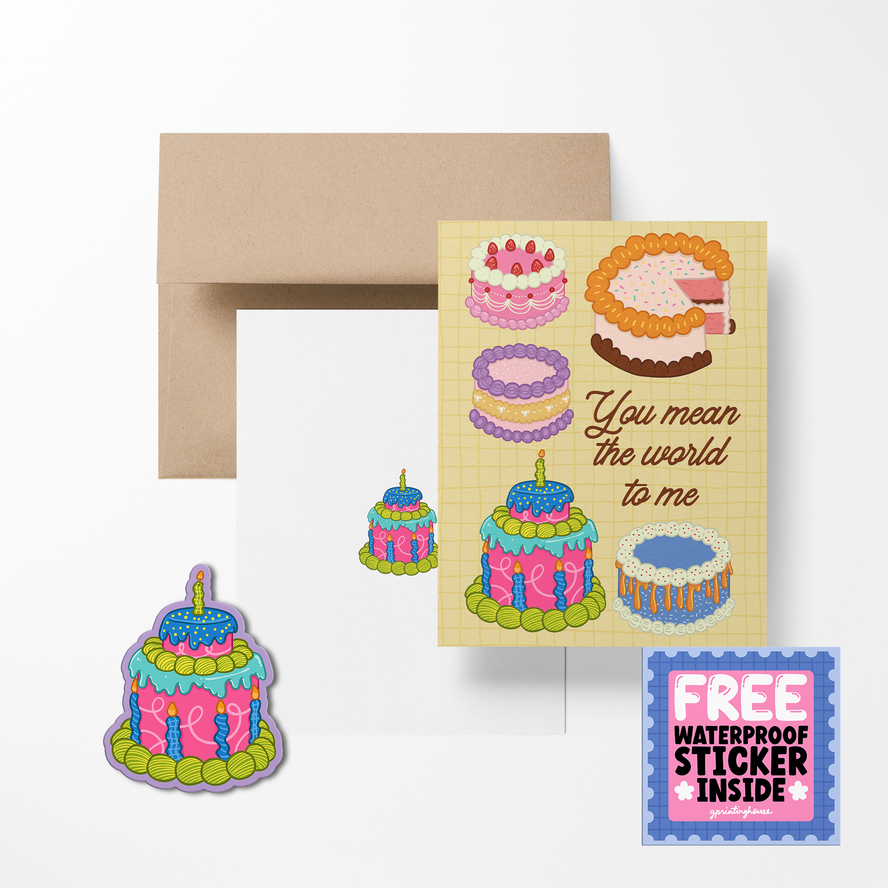 Greeting card with cake illustrations and a free sticker, featuring text 'You mean the world to me'.