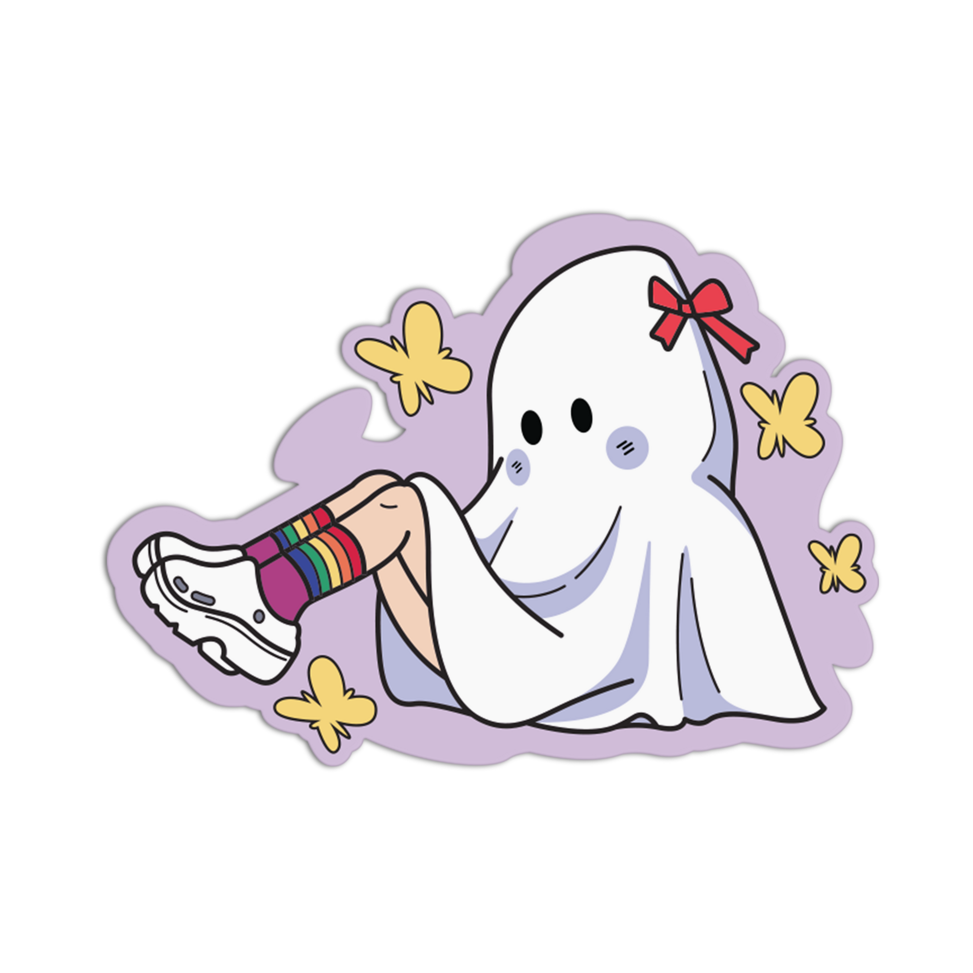 A die-cut sticker featuring a cute cartoon ghost character sitting cross-legged, wearing a white sheet, rainbow socks, and a red bow, surrounded by yellow butterflies on a light purple background.