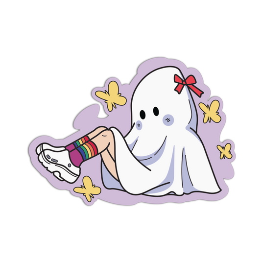 A die-cut sticker featuring a cute cartoon ghost character sitting cross-legged, wearing a white sheet, rainbow socks, and a red bow, surrounded by yellow butterflies on a light purple background.