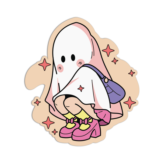 A die-cut sticker featuring a cute cartoon ghost character crouching under a white sheet, with pink star accents and a beige outline on a white background.